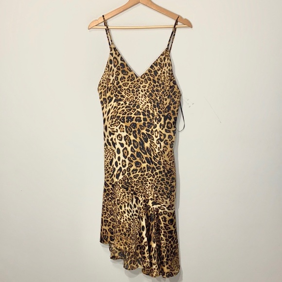 Satin Leopard Ruffle Asymmetric Hem Slip Dress - Picture 1 of 9